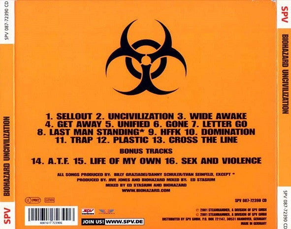 Biohazard – Uncivilization - CD - Digipak - Incluye Pegatina del Grupo - With Band Sticker - Como Nuevo / Like New (M- / M-)