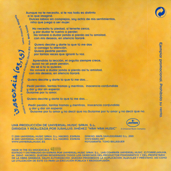 Efecto Mariposa – Inocencia - CD, Single, Promo, Gatefold, Digipak - 2001 - Mercury – INOCENCIA-2 - CD Muy Buen Estado (VG+) / Portada Muy Buen Estado (VG+)