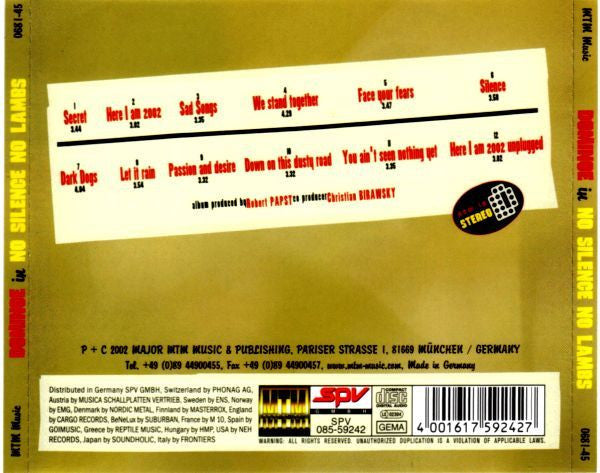 Dominoe – No Silence ... No Lambs - CD - 2002 - MTM Music – 0681-45 - NEW / SEALED.