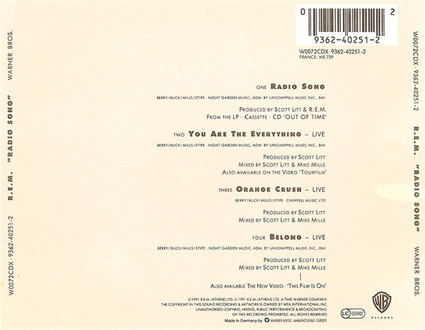 R.E.M. – Radio Song - CD, Maxi-Single, Limited Edition - 1991 - Warner Bros. Records – 9362-40251-2 - New, unplayed but not sealed.