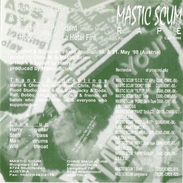 Mastic Scum / Clotted Symmetric Sexual Organ – Rape / Clitto's Special Hits Cover '99 - 7" - 1998 - Ohne Maulkorb Production - Vinyl Like New / Cover Like New (M-/M-)