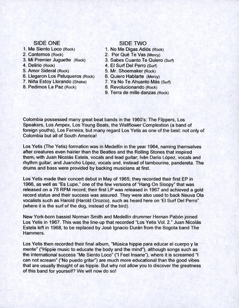 Los Yetis – Colombia’s #1 Beat Punk Band Of The 1960’s - The True History of Los Yetis - LP - 2007 - Unofficial - USED (M- / M-)