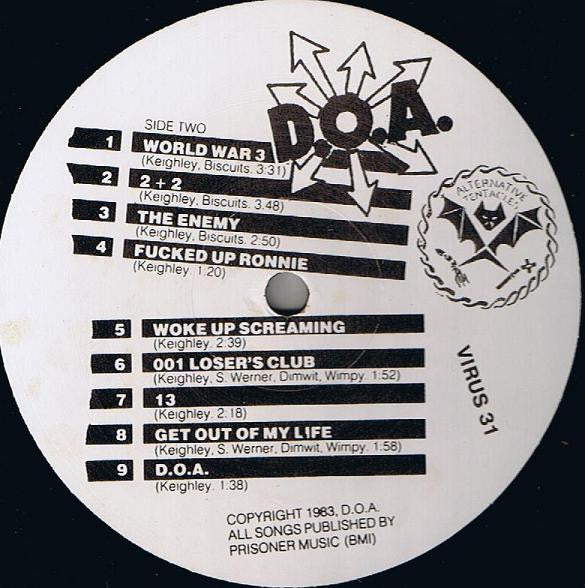 D.O.A. – Bloodied But Unbowed - LP - 1983 - Alternative Tentacles – VIRUS 31 - Very Good Condition (VG+ / VG+)