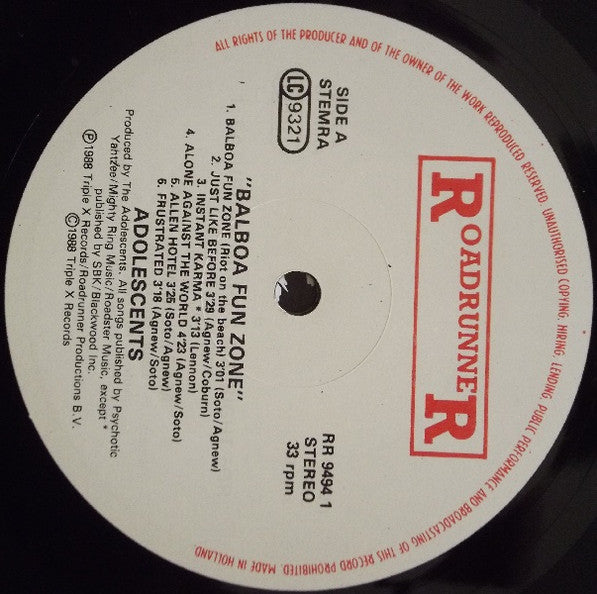 Adolescents – Balboa Fun Zone - LP - 1988 - Roadrunner Records – RR 9494 1, Triple X Records – Vinyl Very Good Plus (VG+) / Cover Very Good Plus (VG+)