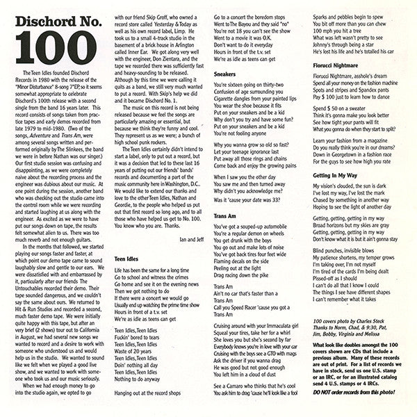 The Teen Idles – Anniversary - 7" - 1996 - Dischord Records – DIS100V, Dischord Records – Dischord No. 100