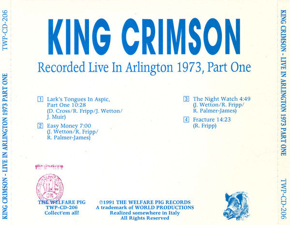 KING CRIMSON CD Arlington 1973, Part One