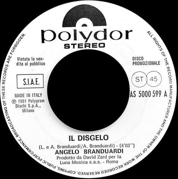 Angelo Branduardi / Kiss – Il Disgelo / I - 7" - 1981 - Polydor – AS 5000 599, Casablanca – AS 5000 599 - Vinyl Good Condition / Generic Cover (VG/Generic).
