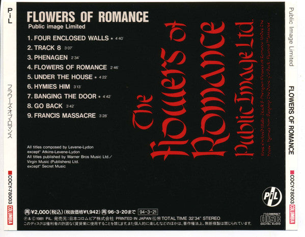 Public Image Ltd. – The Flowers Of Romance - CD - Edición Japonesa - Con OBI - 1994 - Columbia – COCY-78003 - Nuevo sin usar pero no precintado / New and unplayed but not sealed.