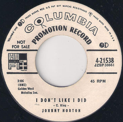 Johnny Horton ‎– I'm A One-Woman Man / I Don't Like I Did - 7" - Promo Copy - Columbia ‎– 4-21538 - Like New (M- / Generic)
