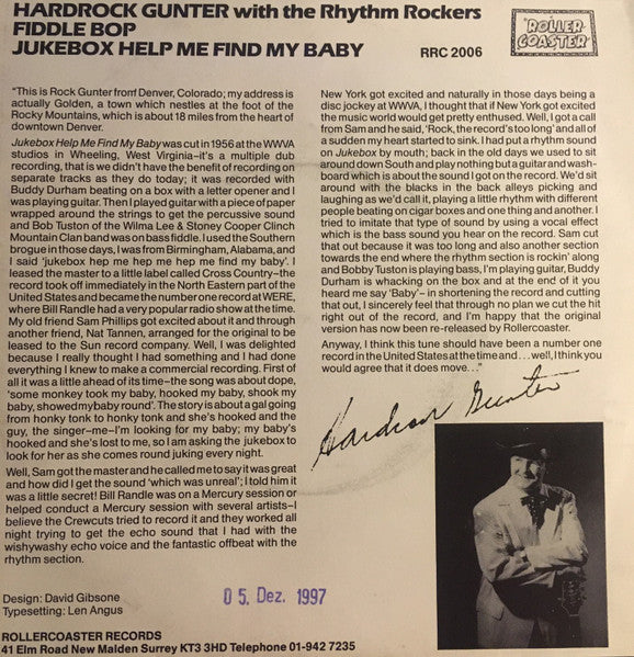Hardrock Gunter With The Rhythm Rockers – Jukebox Help Me Find My Baby / Fiddle Bop - 7" - 1980 - Rollercoaster Records – RRC 2006 - Like New (M- / M-)