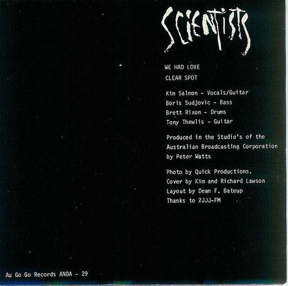 Scientists – We Had Love / Clear Spot - 7" - 1983 - Au Go Go – ANDA 29 - Vinyl Near Mint / Sleeve Very Good Plus (M-/VG+)