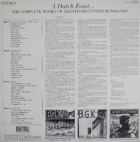 B.G.K. ‎– A Dutch Feast... The Complete Works Of Balthasar Gerards Kommando - 2xLP - 2004 - Alternative Tentacles ‎– Virus 218 - Vinyl Like New / Cover Very Good Plus (M-/VG++)