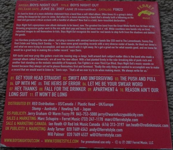 Boys Night Out – Boys Night Out - CD - Promo - Cardboard Sleeve - 2007 - Ferret Music – F082-2 - CD Muy Buen Estado (VG+) / Portada Como Nueva (M-)