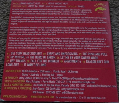 Boys Night Out – Boys Night Out - CD - Promo - Cardboard Sleeve - 2007 - Ferret Music – F082-2 - CD Muy Buen Estado (VG+) / Portada Como Nueva (M-)