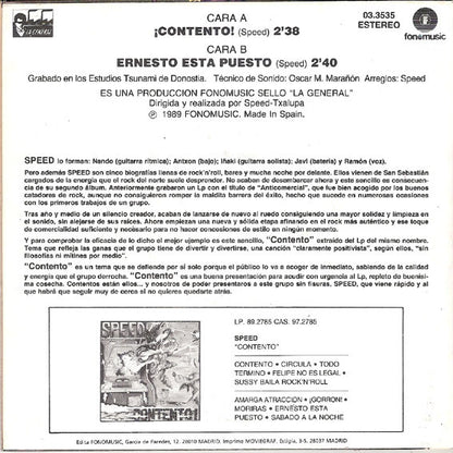 Speed – Contento - 7" - 1989 - La General – 03.3535, Fonomusic – 03.3535 - Vinyl Mint (M) / Cover Near Mint (M-) - Reference Number Sticker on Cover