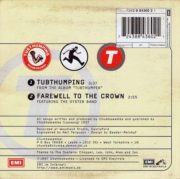 Chumbawamba – Tubthumping - CD, Single, Cardboard Sleeve - 1997 - EMI – 7243 8 84360 2 1, EMI Electrola – 7243 8 84360 2 1 - CD Very Good Plus (VG+) / Sleeve Very Good Plus (VG+)
