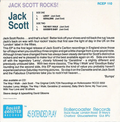 Jack Scott With The Chantones – Jack Scott Rocks! - 7" - 1990 - Rollercoaster Records – RCEP 110 - Like New / Like New (M- / M-)