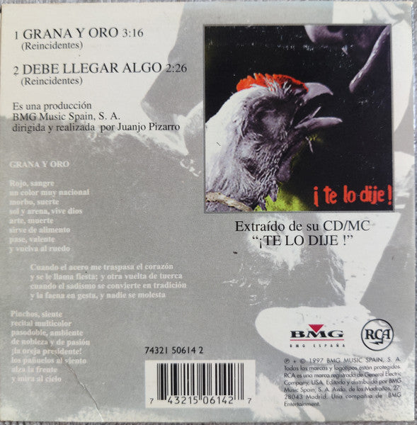 Reincidentes – Grana Y Oro - CD, Single - 1997 - RCA – 74321 50614 2 - CD New (M) / Cover Like New (M-)