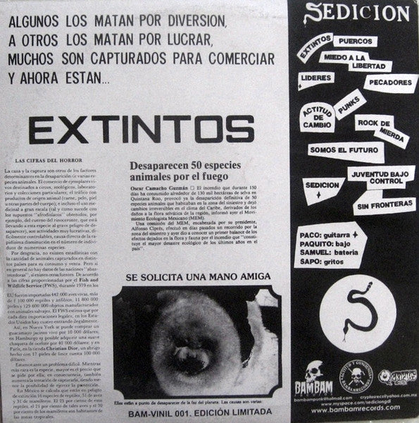 Sedicion – Extintos - LP - 2010 - Bambam Records – Bam-Vinil 001 - New and unplayed but not sealed.