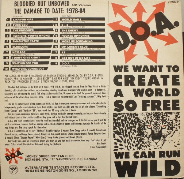 D.O.A. – Bloodied But Unbowed - LP - 1983 - Alternative Tentacles – VIRUS 31 - Very Good Condition (VG+ / VG+)