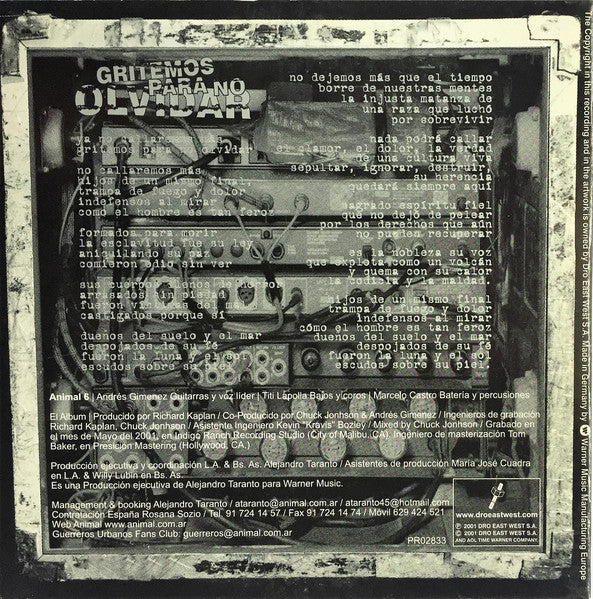 A.N.I.M.A.L. – Gritemos Para No Olvidar - CD, Single - 2001 - Warner Music Manufacturing Europe – PR02833 - CD Muy Buen Estado (VG+) / Portada Muy Buen Estado (VG+)