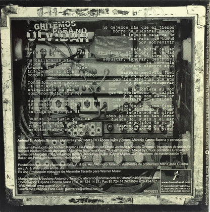 A.N.I.M.A.L. – Gritemos Para No Olvidar - CD, Single - 2001 - Warner Music Manufacturing Europe – PR02833 - CD Muy Buen Estado (VG+) / Portada Muy Buen Estado (VG+)