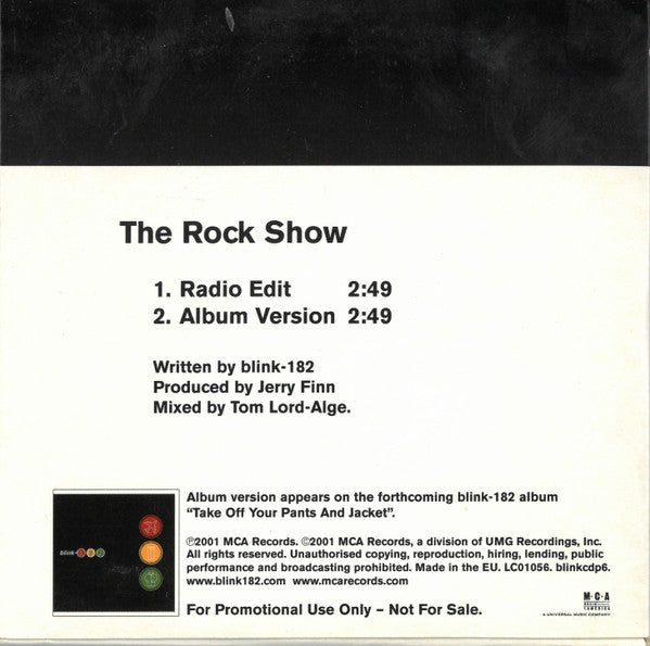 Blink-182 – The Rock Show - CD, Single, Promo, Cardboard Sleeve - 2001 - MCA Records – blinkcdp6 - CD Nuevo (M) / Portada Muy Buen Estado (VG+)