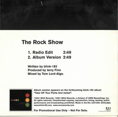 Blink-182 – The Rock Show - CD, Single, Promo, Cardboard Sleeve - 2001 - MCA Records – blinkcdp6 - CD Nuevo (M) / Portada Muy Buen Estado (VG+)
