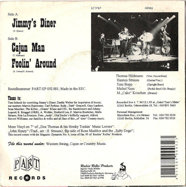 Doc Thomas & His Honky Tonkin' Music Lovers – Jimmy's Diner - 7" - 1995 - Part Records – 052.001 - Very Good Condition (VG+/M-)