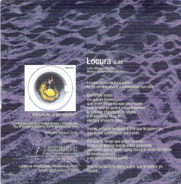 elbicho – Locura - CD, Single, Promo, Cardsleeve - 2003 - DRO – DEW0085 - CD Very Good Plus (VG+) / Cover Very Good Plus (VG+)