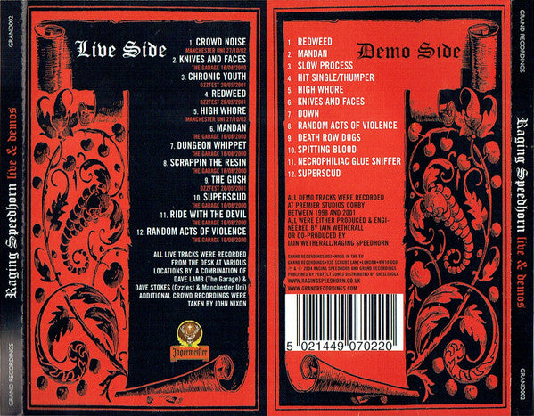 Raging Speedhorn – Live And Demos - 2xCD - 2004 - Grand Recordings – GRAND002 - CD Very Good Condition (VG+) / Cover New (M)