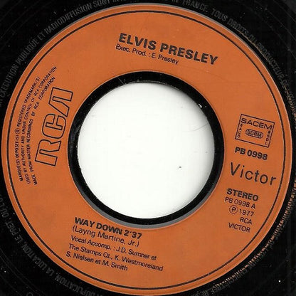 Elvis ‎– Way Down - 7" - French Edition - 1977 - RCA Victor ‎– PB 0998 - Vinilo Como Nuevo / Portada Muy Buen Estado (M-/VG+)