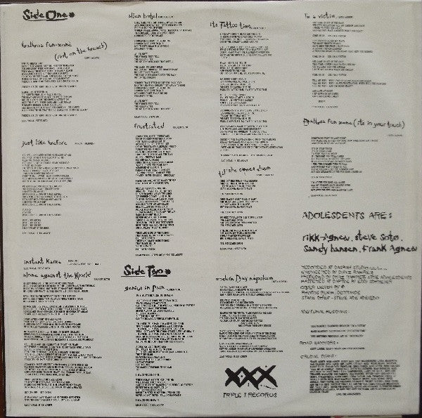 Adolescents – Balboa Fun Zone - LP - 1988 - Roadrunner Records – RR 9494 1, Triple X Records – Vinyl Very Good Plus (VG+) / Cover Very Good Plus (VG+)