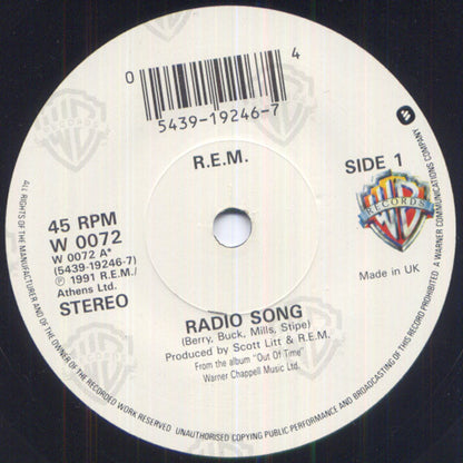 R.E.M. – Radio Song - 7" - 1991 - Warner Bros. Records – W0072 - Very Good Condition (M- / VG+)