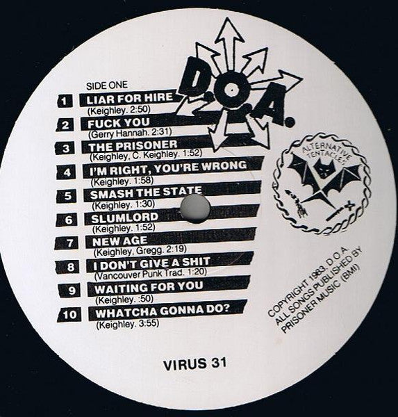 D.O.A. – Bloodied But Unbowed - LP - 1983 - Alternative Tentacles – VIRUS 31 - Very Good Condition (VG+ / VG+)