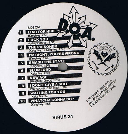 D.O.A. – Bloodied But Unbowed - LP - 1983 - Alternative Tentacles – VIRUS 31 - Very Good Condition (VG+ / VG+)