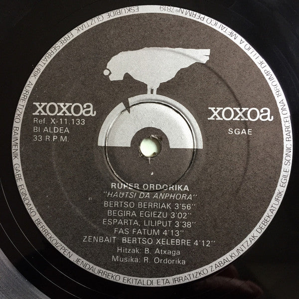 Ruper Ordorika – Hautsi Da Anphora - LP - Insert/Booklet with Lyrics - 1980 - Xoxoa ‎– X-11133 - Very Good Condition (VG+ / VG+)