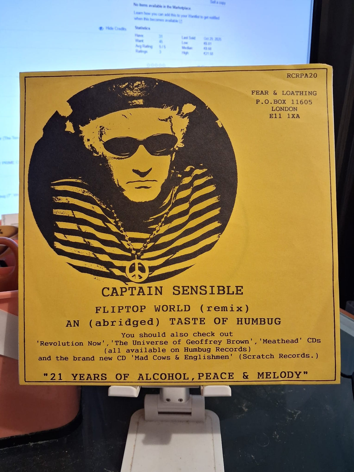 Captain Sensible – Fliptop World (Remix) / An (Abridged) Taste Of Humbug - 7" - White Label - 1996 - Fear And Loathing – RCRPA 20 - Vinilo Como Nuevo / Portada Como Nueva (M-/M-)