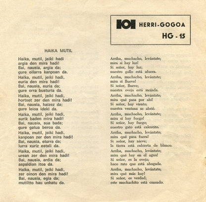 Mikel Laboa – Haika Mutil - Ituringo Arotza - Zure Begiek - Zilbor Hesteak - 7" - 1969 - Herri Gogoa – HG-15 - Incluye Hoja Interior con las Letras - Vinilo Muy Buen Estado / Portada Muy Buen Estado (VG+/VG+).